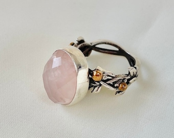 Rose Quartz Vine Ring 925 Sterling Silver