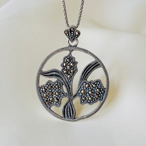 Vintage Orchid Flower Pendant Sterling Silver, Handmade Marcasite Necklace for Women, Floral Nature Jewelry, Mothers Day Gift for Her