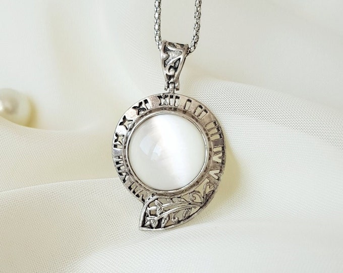 Vintage White Cat's Eye Chrysoberyl Roman Clock Pendant 925 Sterling Silver