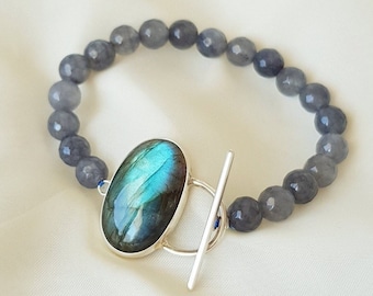 Grey Quartz and Labradorite Toggle Bracelet 925 Sterling Silver