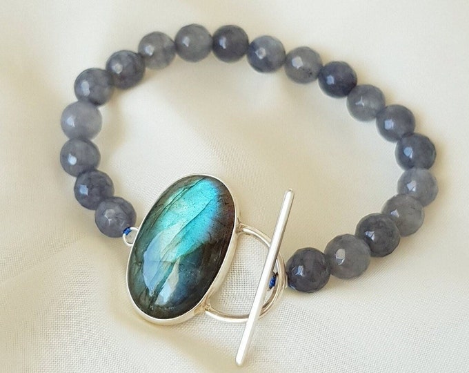 Grey Quartz and Labradorite Toggle Bracelet 925 Sterling Silver