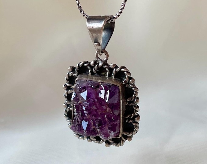Raw Druzy Amethyst Pendant 925 Sterling Silver