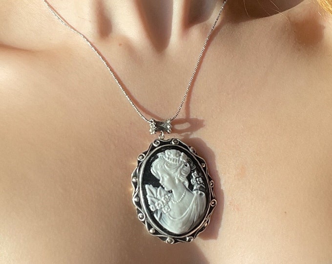 Vintage Cameo Lady Necklace 925 Sterling Silver