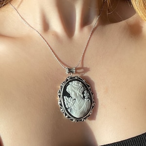 Vintage Cameo Lady Necklace 925 Sterling Silver, Victorian Gothic Statement Necklace for Women, Mothers Day Gift for Her
