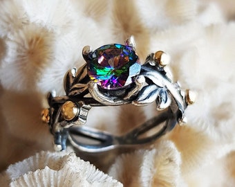 Mystic Topaz Vine Ring Sterling Silver Minimalist Rainbow Topaz Promise Engagement Ring for Women Handmade Gift for Her Valentines Gift