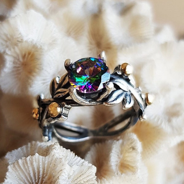 Mystic Topaz Vine Ring Sterling Silver, Mystic Rainbow Topaz Promise Engagement Ring for Women Handmade, Gift for Her, Gift for Mom