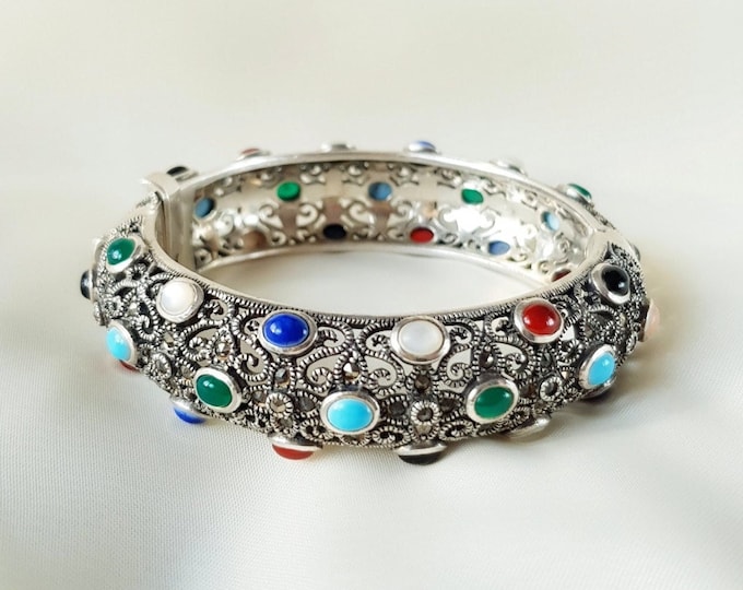 Multi Gemstone Cuff Bracelet 925 Sterling Silver