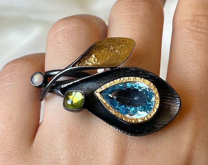 Big Sky Blue Topaz Leaf Ring 925 Sterling Silver