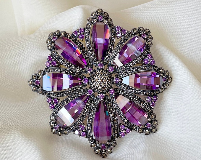 Large Amethyst Flower Pendant Brooch 925 Sterling Silver