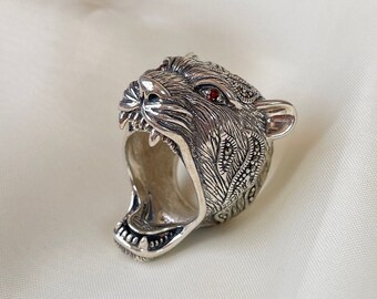 Large Tiger Head Ring  Sterling Silver Heavy Ring, Lion King Wild Animal Ring, Wild One Ring, Unisex Easy Rider Biker Ring, Valentines Gift