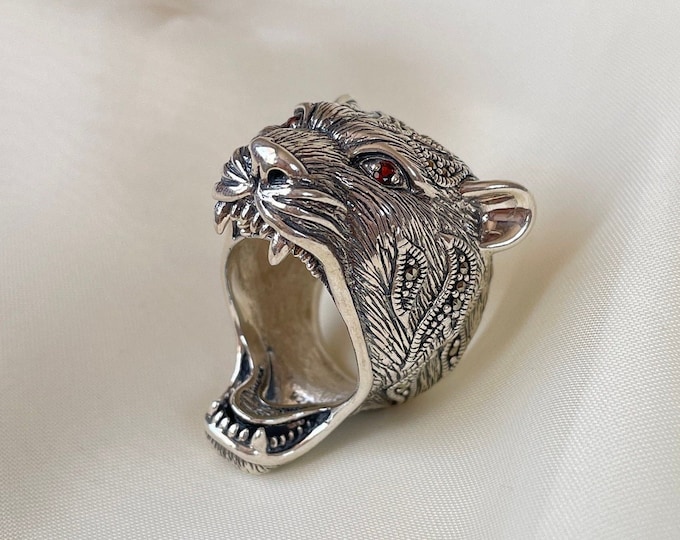 Large Tiger Head Ring 925 Sterling Silver