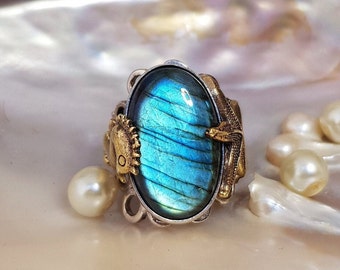 Labradorite Ring With Starfish And Seahorse 925 Sterling Silver