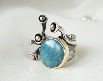 Adjustable Raw Aquamarine Sterling Silver Ring: Handmade March Birthstone