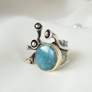 Raw Aquamarine Big Ring Sterling Silver, March Birthstone Ring, Gemstone Ring, Handmade Raw Aquamarine Jewelry, Mothers Day Gift for Her