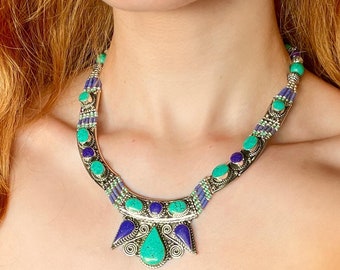 Chunky Turquoise and Lapis Lazuli Ethnic Necklace