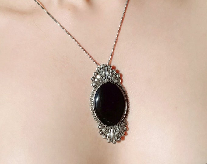 Large Black Onyx Pendant 925 Sterling Silver