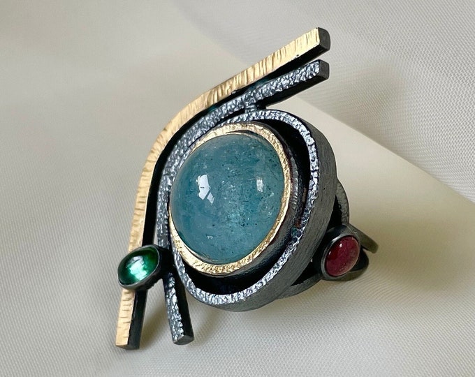 Bold Raw Aquamarine Ring 925 Sterling Silver 24k Gold