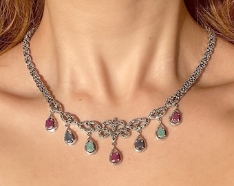 Vintage Ruby Emerald Sapphire Necklace 925 Sterling Silver