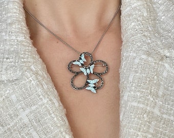 Blue Butterflies Necklace 925 Sterling Silver, Large Flower Pendant Brooch, Dainty Butterfly Pendant, Cottagecore Necklace, Gift for Her