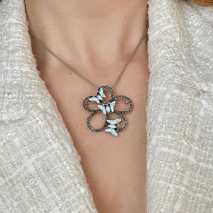 Blue Butterflies Necklace 925 Sterling Silver, Large Flower Pendant Brooch, Dainty Butterfly Pendant, Cottagecore Necklace, Gift for Her