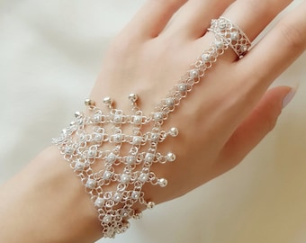 Floral Hand Chain Bracelet Sterling Silver, Ring Bracelet Chain, Bridal Bracelet, Wedding Jewelry, Bridesmaid Bracelet, Gift for Her