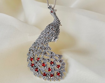 Carnelian Peacock Pendant Brooch 925 Sterling Silver, Vintage Peacock Brooch Pin, Animal Pendant Brooch, Gift for Her, Gift for Mom