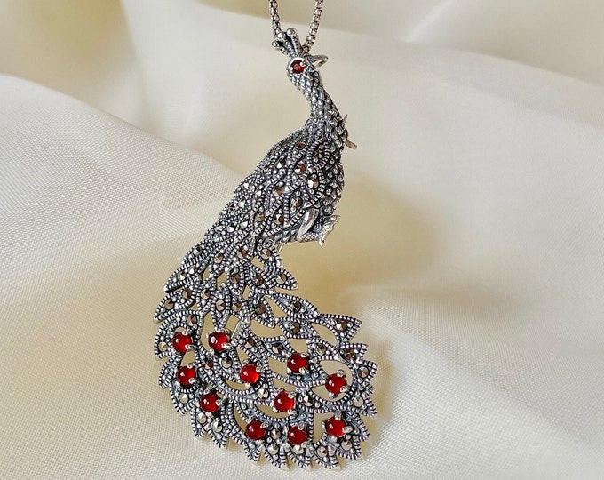 Carnelian Peacock Pendant Brooch 925 Sterling Silver, Vintage Peacock Brooch Pin, Animal Pendant Brooch, Gift for Her, Gift for Mom
