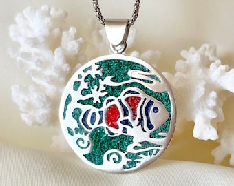 Chip Inlay Fish Medallion Pendant 925 Sterling Silver