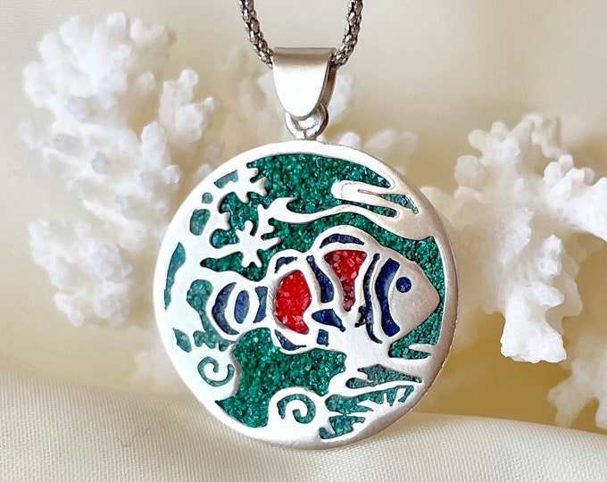 Chip Inlay Fish Medallion Pendant 925 Sterling Silver