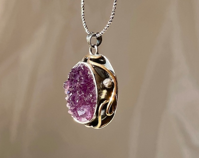 Raw Druzy Amethyst Pendant Necklace 925 Sterling Silver