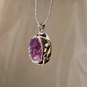 Raw Druzy Amethyst Pendant Necklace Sterling Silver, February Birthstone Necklace, Amethyst Jewelry Set Handmade, Valentines Gift for Her