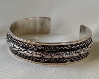 Braid Cuff Bracelet Sterling Silver, Vintage Mens Wave Bracelet, Unisex Boho Bracelet, Mothers Day Gift for Her, Adjustable Bangle