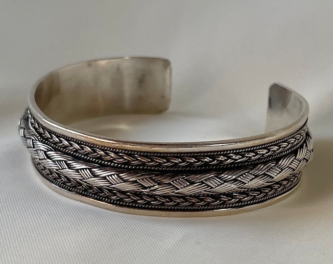 Braid Cuff Bracelet Sterling Silver, Vintage Mens Wave Bracelet, Unisex Boho Bracelet, Mothers Day Gift for Her, Adjustable Bangle