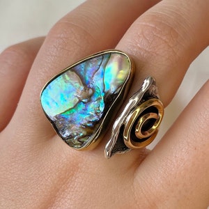Big Abalone Shell Ring Sterling Silver, Paua Shell Nacre Ring, Spiral Ring, Handmade Boho Gemstone Unique Ring Women, Gift for Mom,