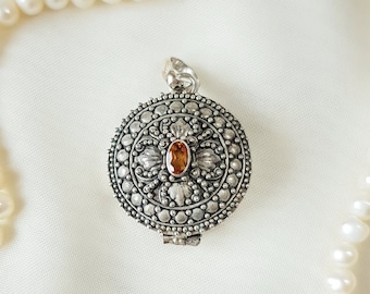 Engraved Round Locket Necklace 925 Sterling Silver, Memorial Necklace, Ornate Gemstone Locket, Personalized Valentines Gift for Her
