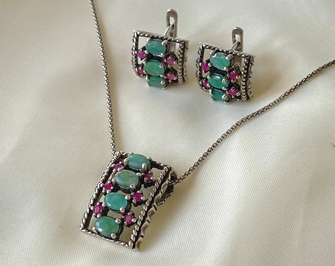 Vintage Emerald Ruby Necklace Earrings Set 925 Sterling Silver