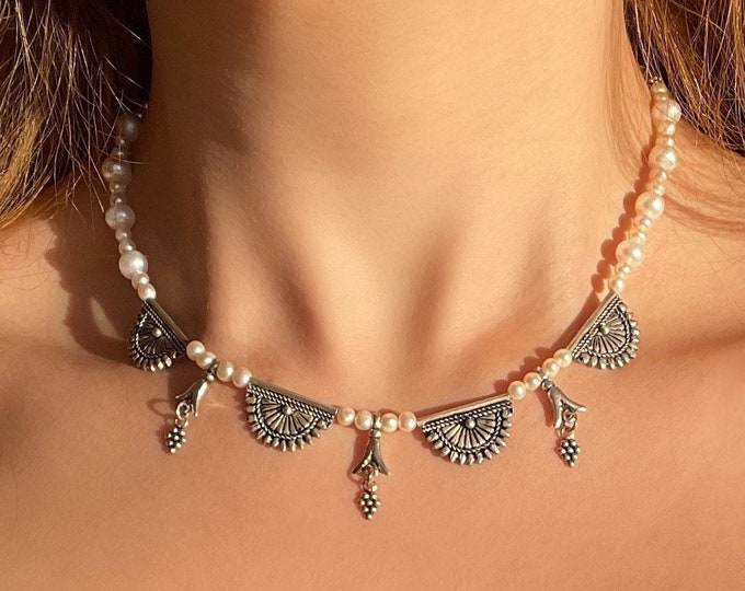 Freshwater Pearl Chain Choker Necklace 925 Sterling Silver, Boho Necklace for Women, June Birthstone Gift for Her, Summer Jewelry