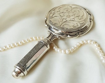 Antique Silver Hand Mirror with Compact Powder and Lipstick Holder, Art Nouveau Vanity Mirror, Vintage Beauty Mirror, Valentine Gift for Her