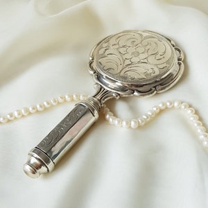 Antique Silver Hand Mirror with Compact Powder and Lipstick Holder, Art Nouveau Vanity Mirror, Vintage Beauty Mirror, Valentine Gift for Her