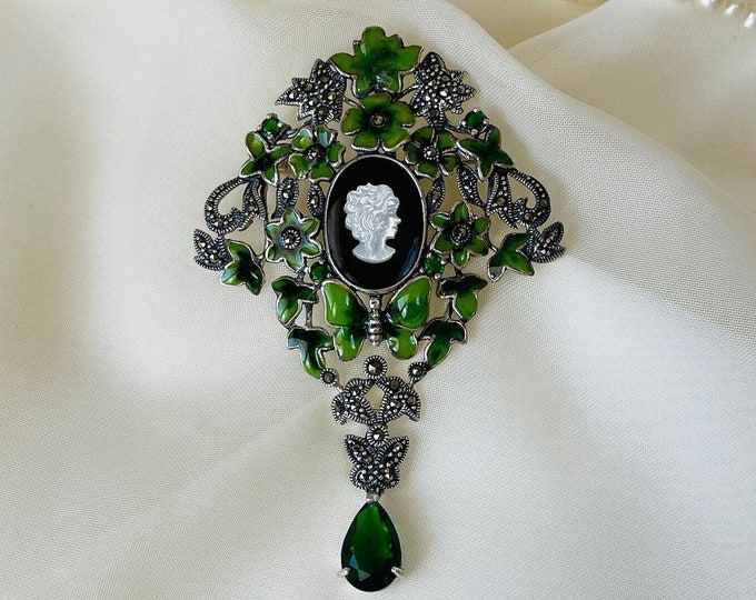 Big Victorian Brooch Sterling Silver, Vintage Cameo Brooch, Handmade Enamel Brooch, Cameo Necklace Brooch, Leaf Brooch, Gift for Her