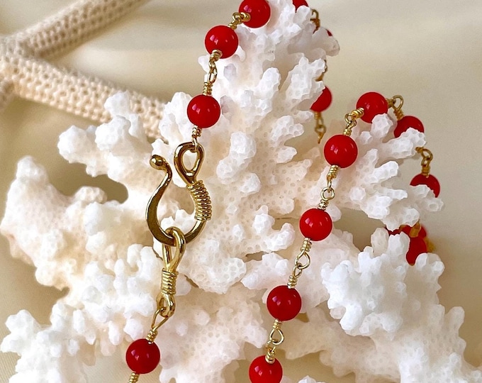Red Coral Beads Gold Choker Necklace