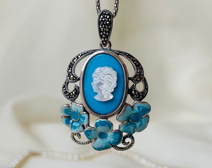Blue Flowers Cameo Pendant Necklace 925 Sterling Silver