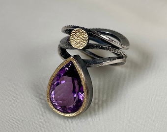 Large Pear Cut Amethyst Ring 925 Sterling Silver