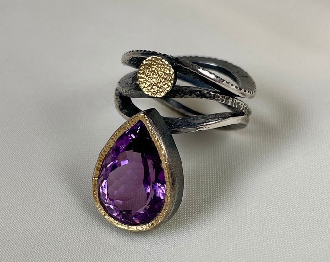 Large Pear Cut Amethyst Ring 925 Sterling Silver