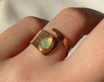Opal Ring Gold Wide Band Adjustable, 22k Gold Vermeil Ring, Dainty Opal Gold Celestial Jewelry, Mothers Day Gift For Her, Birthstone Ring