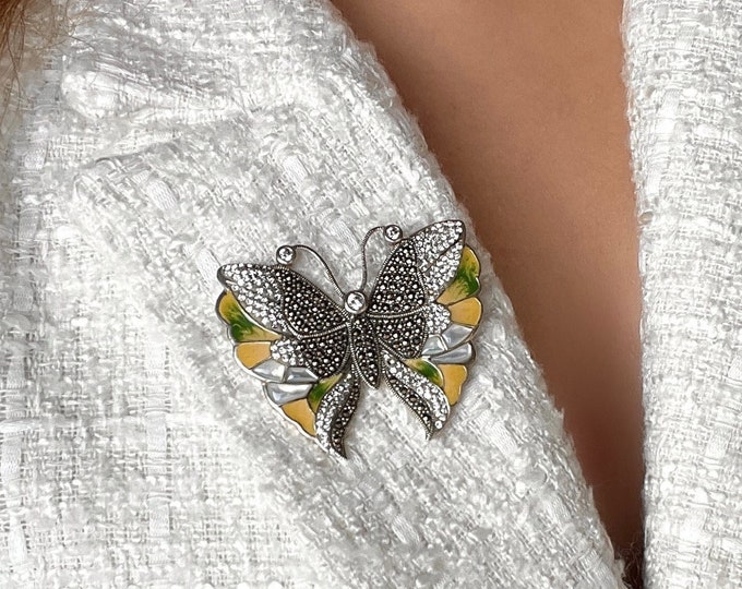 Yellow Enamel Butterfly Brooch Sterling Silver, Rhinestone Brooch, Large Butterfly Pin, Mother of Pearl Brooch, Gift for Her, Birthday Gift