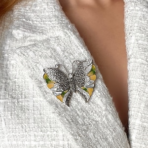 Yellow Enamel Butterfly Brooch Sterling Silver, Rhinestone Brooch, Large Butterfly Pin, Mother of Pearl Brooch, Gift for Her, Birthday Gift