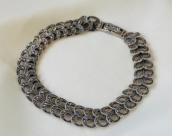 Marcasite Wedding Bracelet 925 Sterling Silver, Wedding Jewelry, Bridal Bracelet, Fish Pattern Bracelet, Valentine Gift for Her