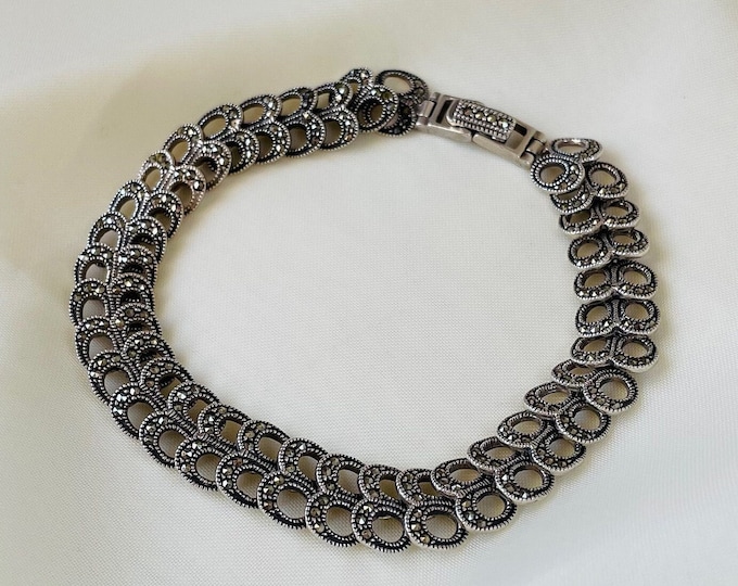 Marcasite Weding Bracelet 925 Sterling Silver, Wedding Jewelry, Bridal Bracelet, Fish Pattern Bracelet, Valentines Gift for Her