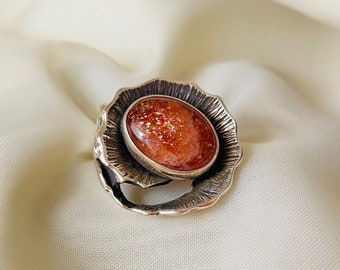 Oval Orange Sunstone Ring 925 Sterling Silver